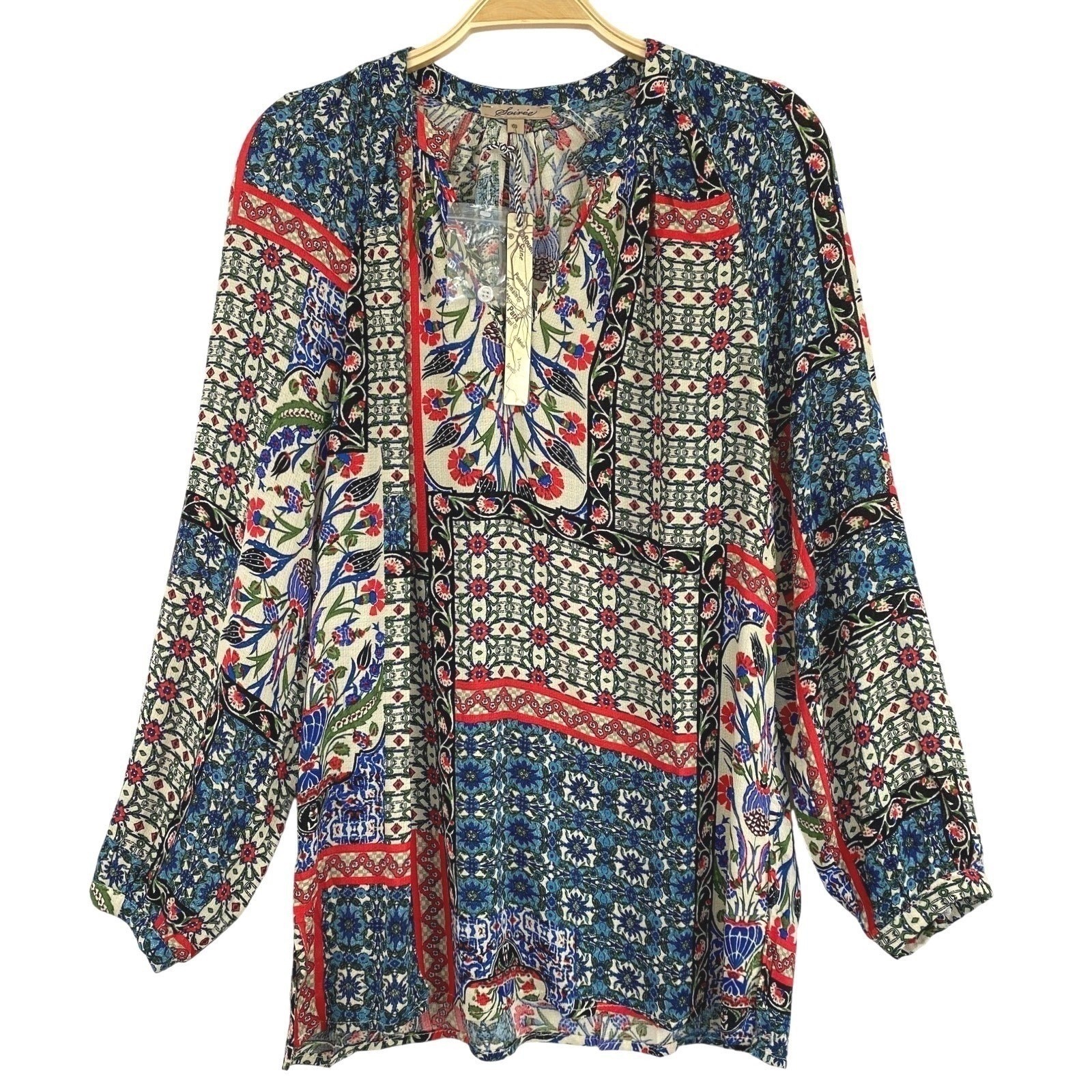Soiree Boho Patchwork Blouse Women Size S Multicolor Puff Sleeve Cottagecore Nwt — image 2 of 8